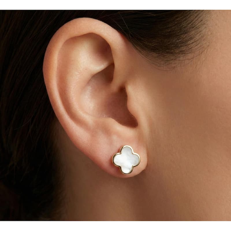 Italian Gold 14K Yellow Gold Mother of Pearl Clover Stud Earrings 10mm 0.70 grams