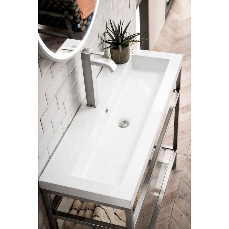 Boston 39.5" Stainless Steel Sink Console w/ White Glossy Composite Countertop