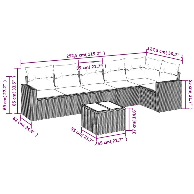 vidaXL 6/7 Piece Patio Sofa Set with Cushions Black Poly Rattan - 24.4" x 24.4" x 27.2"