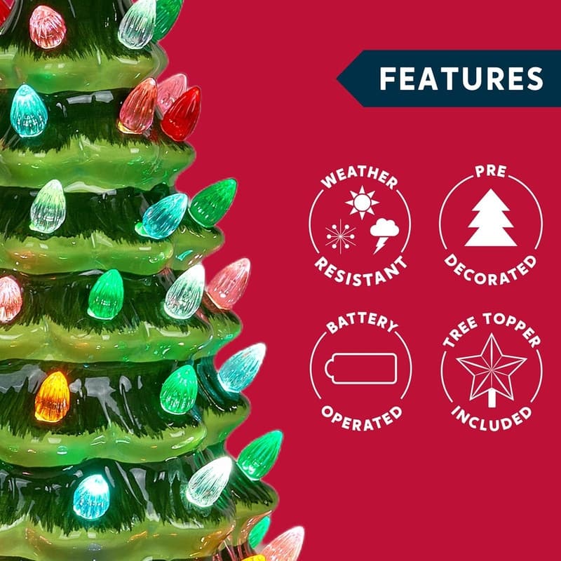 15 in. Tall Green Ceramic Pre-lit Tabletop Christmas Tree with Gift Box - Multicolor
