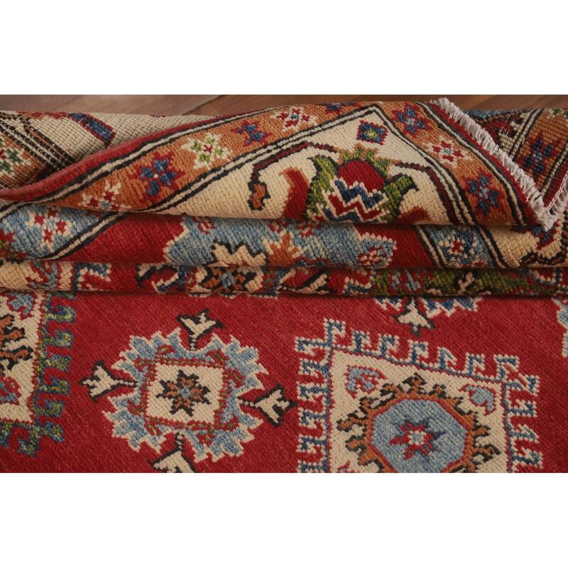 Red Geometric Kazak Area Rug Handmade Wool Carpet - 5'2" x 6'8"