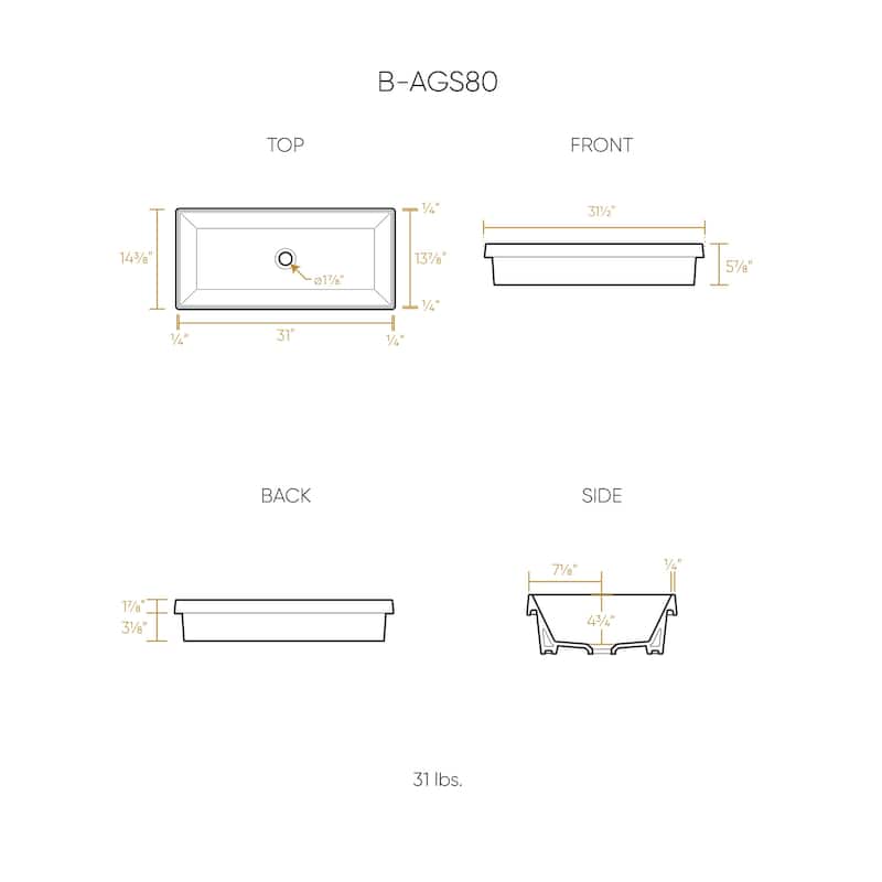 Rectangular Semi-Recessed Basin With Center Drain Location - 24"