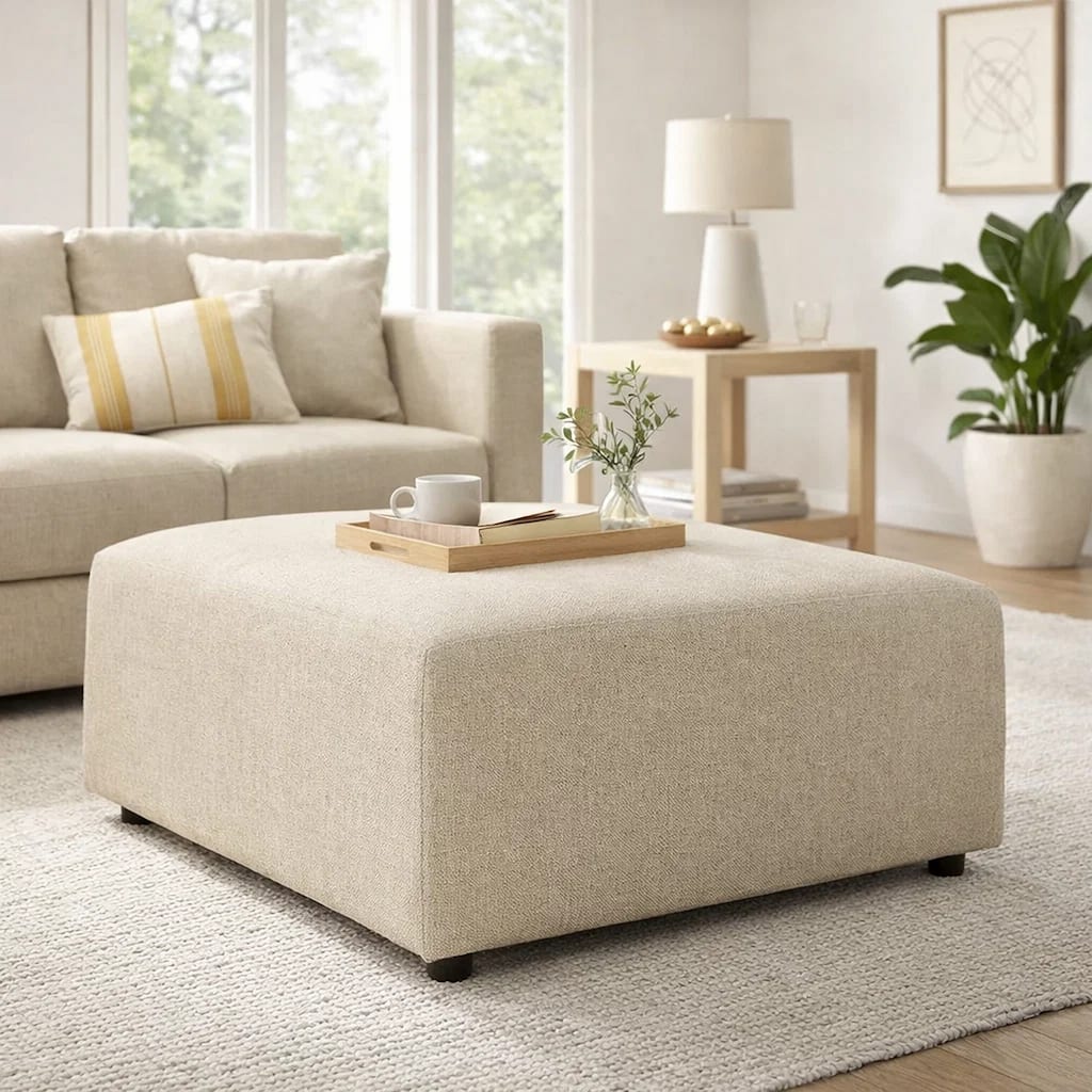 Felo Square Accent Ottoman, 39 Inch Modern Beige Polyester Cushioned