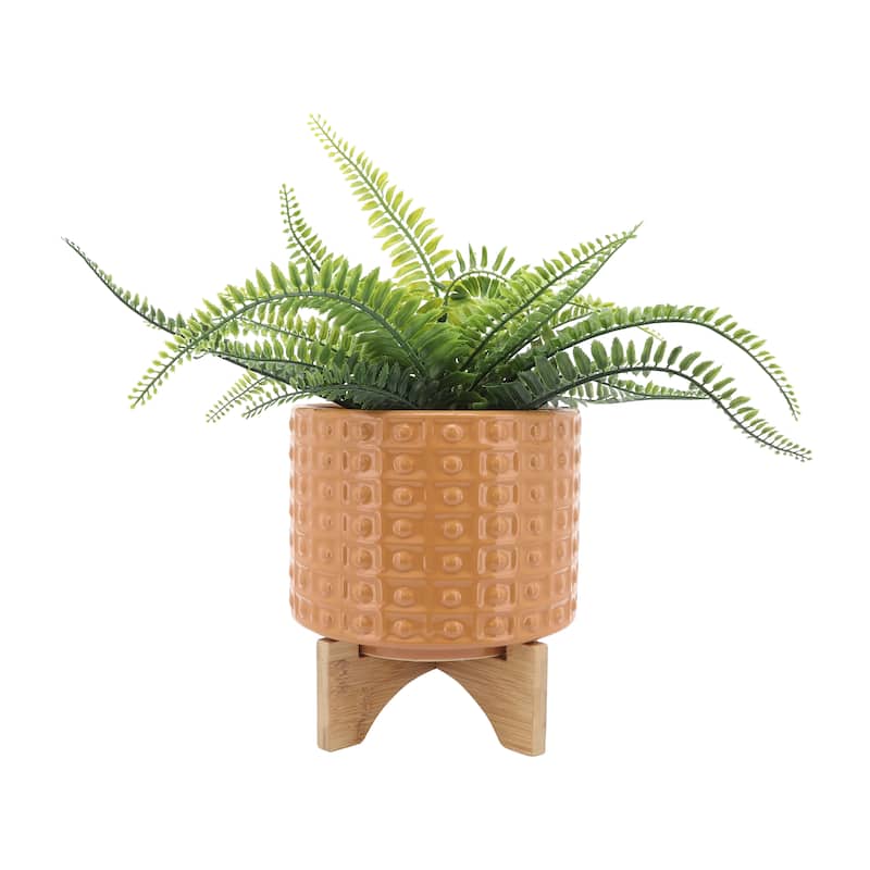 Sagebrook Home Handmade Ceramic Planter Pot with Natural Wood Stand