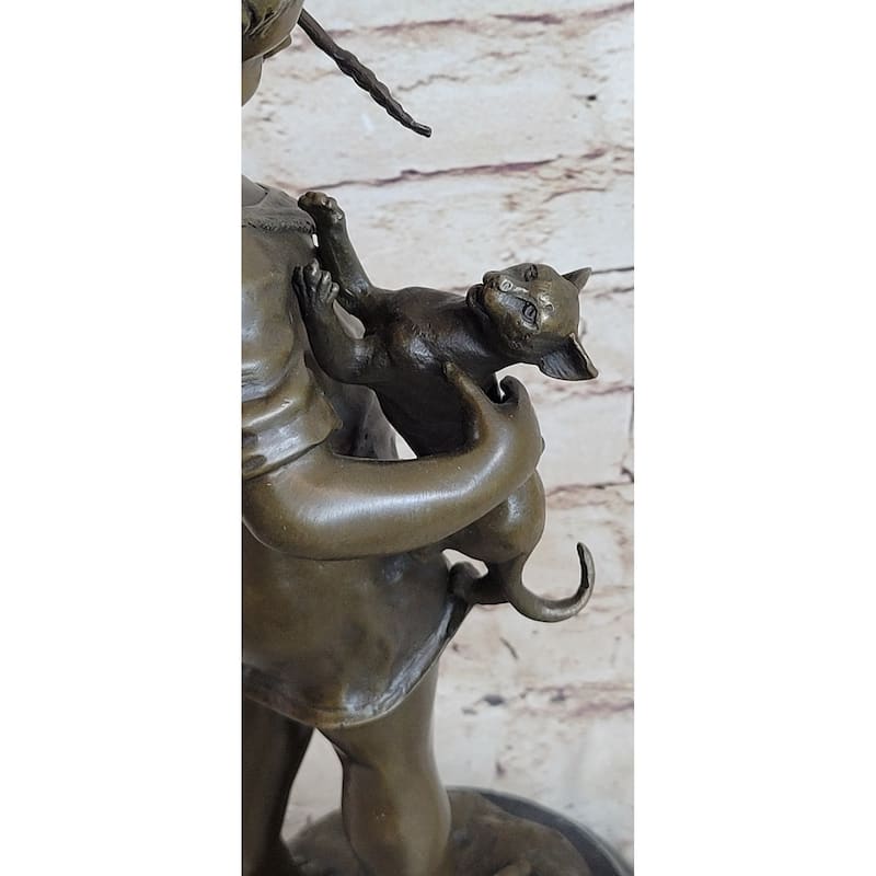Young Girl Child Holding Kitten Imitative Cat - Bronze Sculpture Vintage Reproduction Art