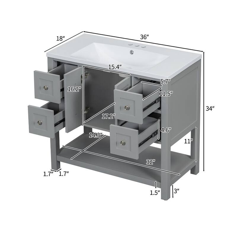36'' Freestanding Bathroom Vanity with Undermount Sink, 4 Drawers and Soft Closing Doors