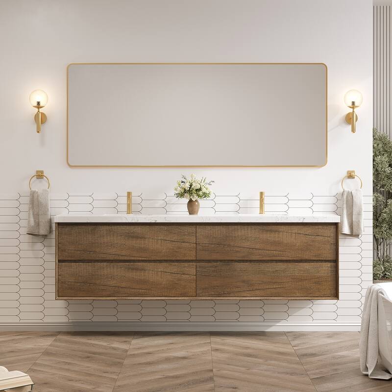 24"30"36"48"60"72" Floating Bathroom Vanity Engineered Stone Top with Rectangular Ceramic Undermount Sink