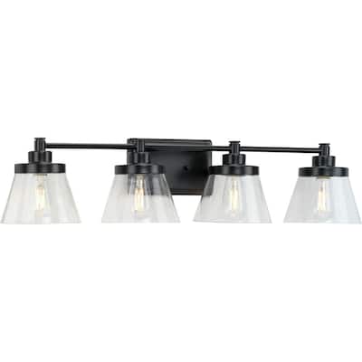 Hinton Collection Four-Light Matte Black Clear Seeded Glass Farmhouse Bath Vanity Light - 33.5 in x 7.12 in x 7.75 in