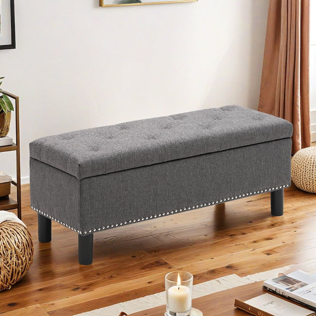 Storage Ottoman Bench with Wood Legs, Upholstered Bedroom Bench with Button-Tufted, Bench with High-density Resilient Sponge