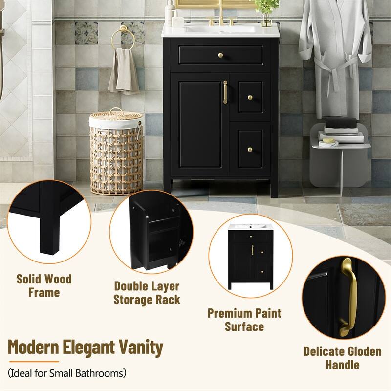 24'' Bathroom Vanity w/ Ceramic Sink Top, Modern Bathroom Vanity Cabinet w/ 1 Soft Close Door, 2 Soft Close Drawers & Door Racks