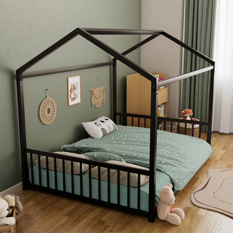 Montessori Metal House Bed with End Guardrails by Harper&Bright Designs
