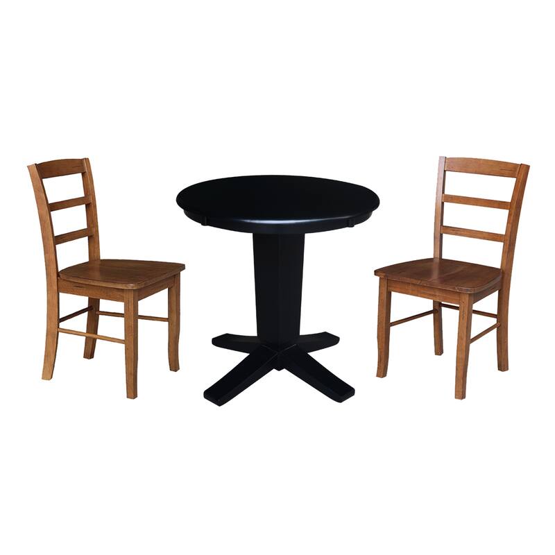 30 in Solid Wood Round Top Pedestal Dining Table with 2 Dining Chairs in Black/Distressed Oak