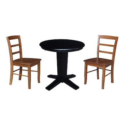 30 in Solid Wood Round Top Pedestal Dining Table with 2 Dining Chairs in Black/Distressed Oak
