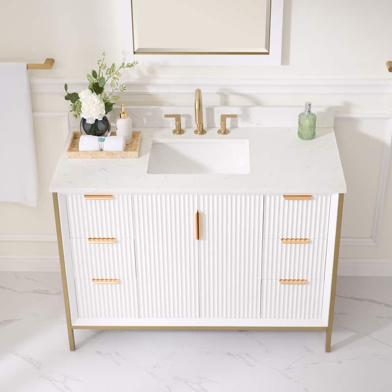 35''H Solid Wood Bathroom Vanity With Carrera White Quartz Top and Sink,White