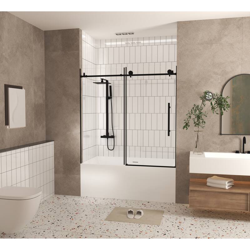 GDFStudio - Aldridge Frameless Sliding Bathroom Shower Door, Adjustable Width with Clear Tempered Safety Glass