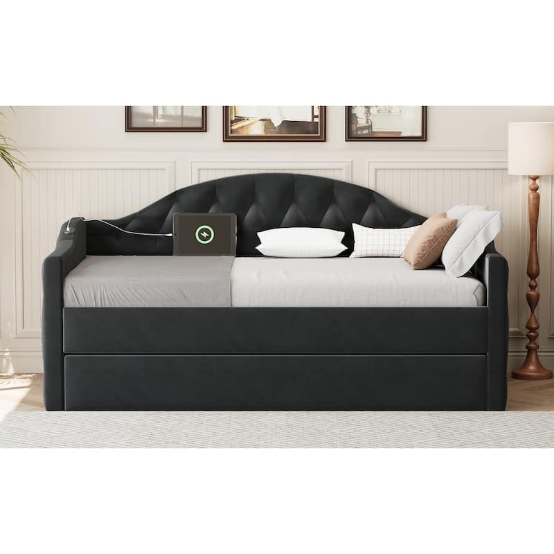 Tufted Upholstered Frame Daybed Velvet Sofa Bed with USB and Type-C Charging Ports, Twin Platform Low Profile Bed with Trundle