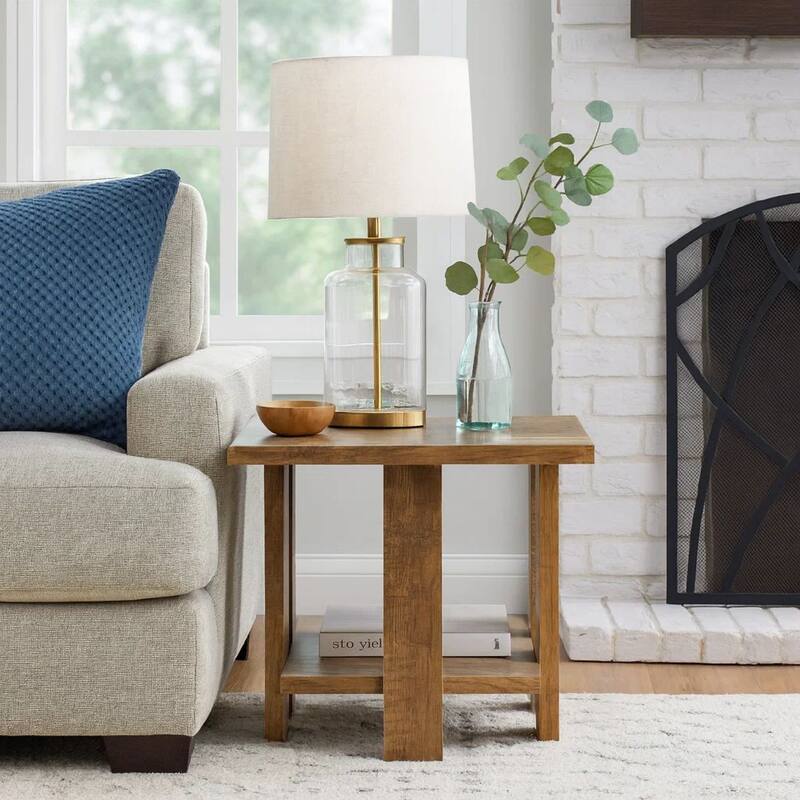 Dew 24 Inch Side End Table with Lower Shelf, Engineered Wood, Mango Brown