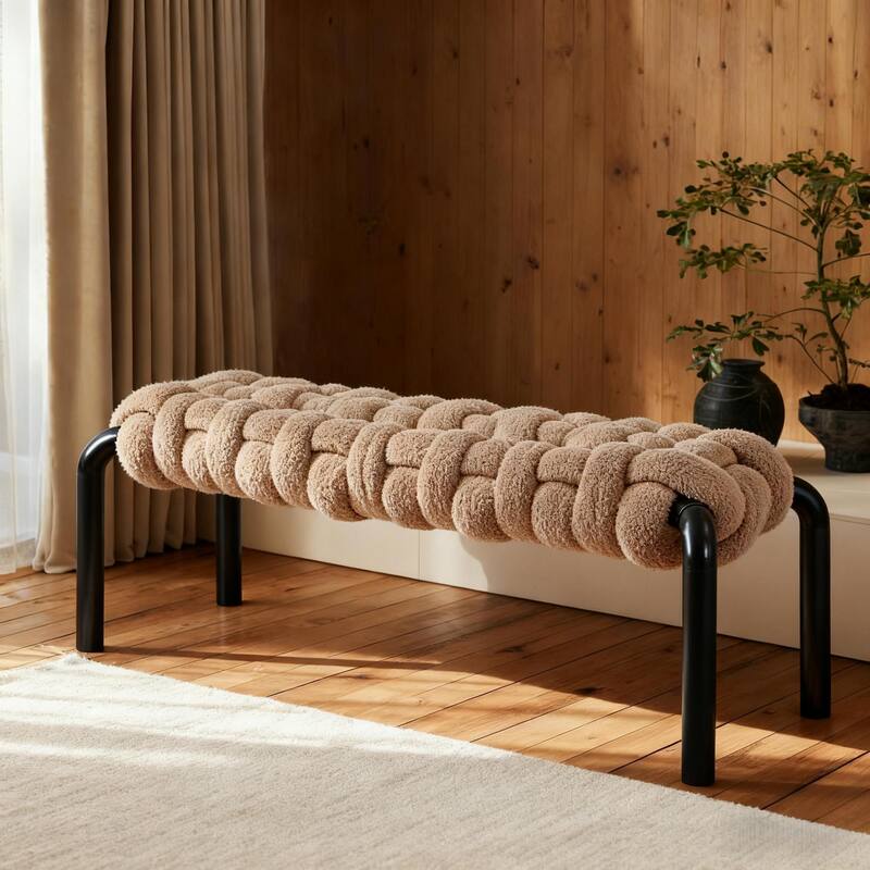 Christopher Knight Home - Teddy Braided Upholstered Bench with Black Metal Legs End-of-Bed Seating - Light Khaki