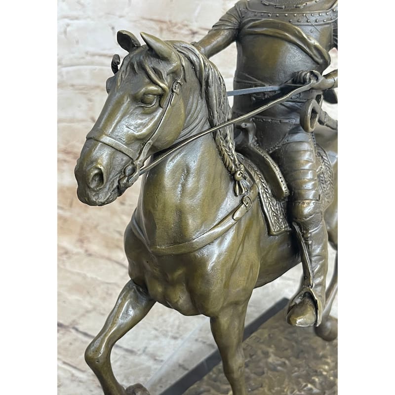 Medieval Armored Knight On Imitative Horseback Bronze Statue Sculpture Marble Base 15 Inches X 12 Inches