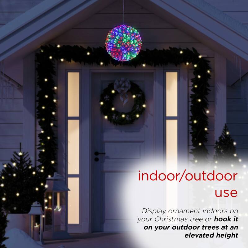 Alpine Corporation 8"H Indoor/Outdoor Christmas Flashing Sphere Hanging Ornament with LED Lights