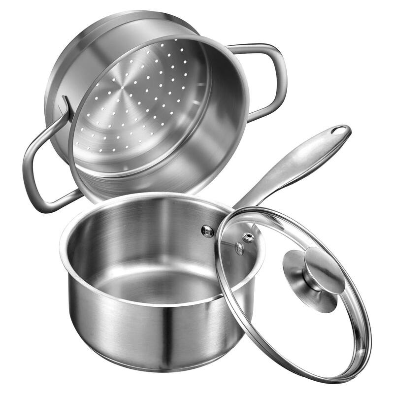 Silver 2-in-1 Aluminum Saucepan with Steamer Insert Oven Safe for Daily Use - 1.5QT