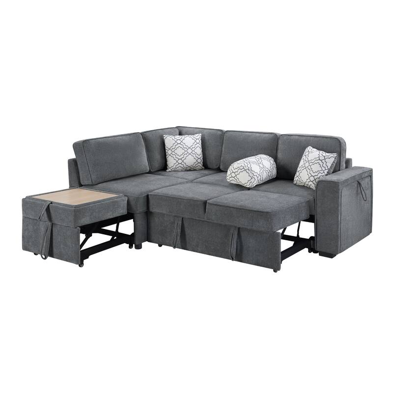 Convertible Sectional Sofa Bed with Flip-Top Table, USB Ports & Cup Holder, Chenille L-Shaped Sofa with Dual Pull-Out Sleepers