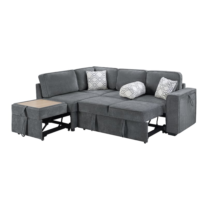L-Shaped Sectional Sofa Convertible Sofa Bed with Dual Pull-Out Sleepers Sofa, Flip-Top Table, USB Ports, Cup Holder and Storage