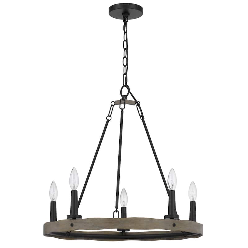 Stomy 23 Inch Chandelier, Brown Wood Wheel Design, Black Metal Chain