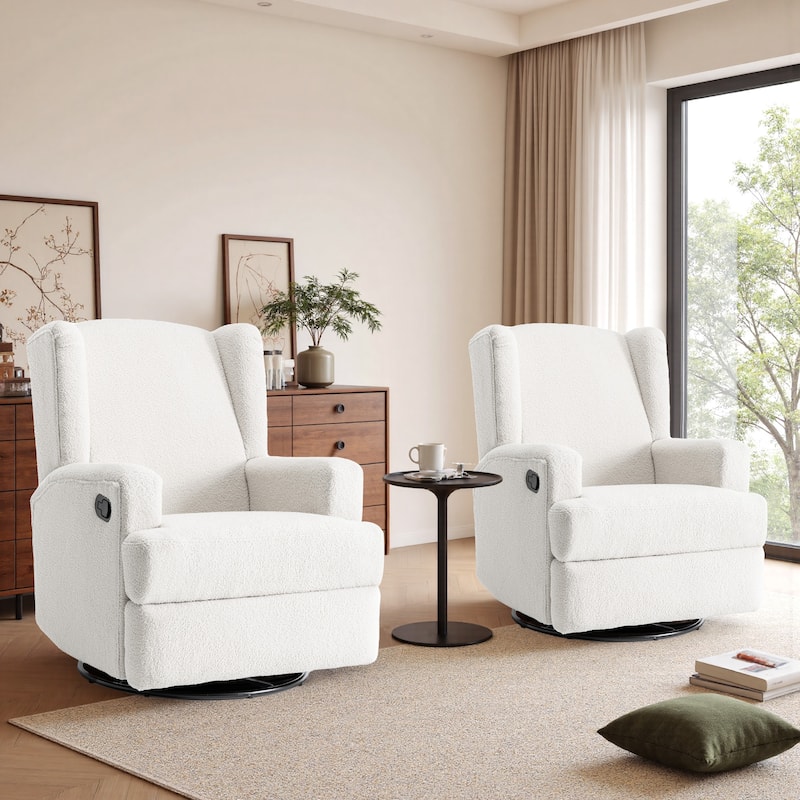 2 Set Upholstered Chenille/Boucle Swivel Glider Rocker Recliner - Beige/Boucle