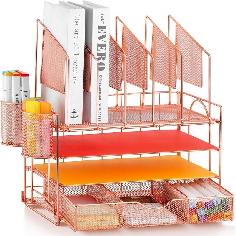 4-Tier Mesh Desk File Organizer - 9.64"L x 13.58"W x 5.3"H - Metal Finish - Rose Gold Vertical File Folder