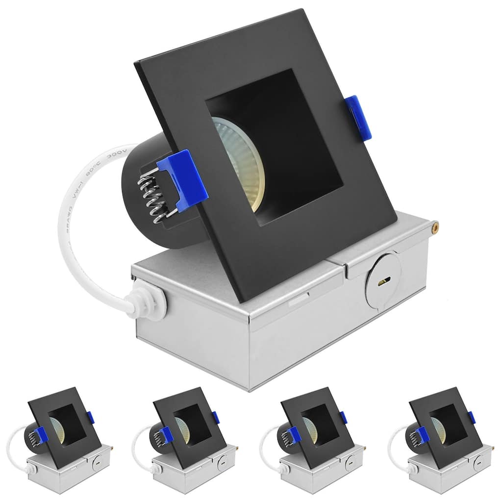 Luxrite 3 in. Square LED Recessed Ceiling Light J-Box 8W 5CCT 530 Lumens Wet Rated Black Trim 4 Pack