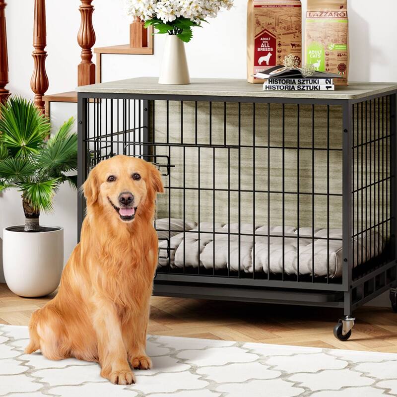 Wooden Dog Crate Furniture with Removable Tray and Wheels, Large