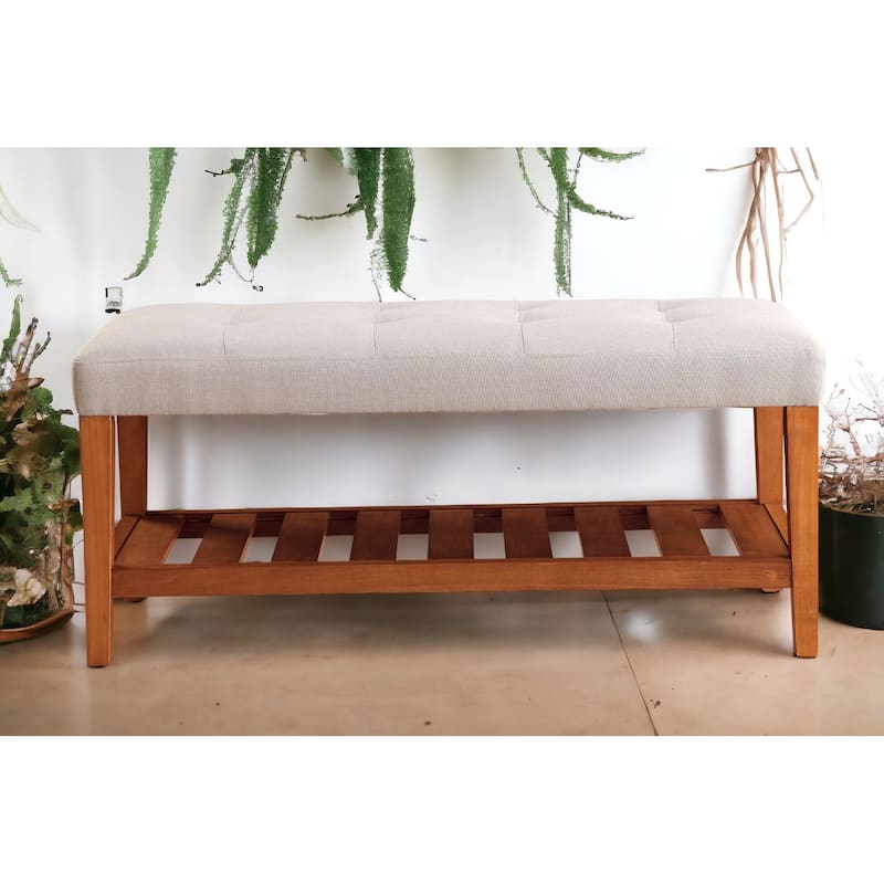 Fabric Upholstered Storage Bench with Slatted Shelf and Tapered Legs