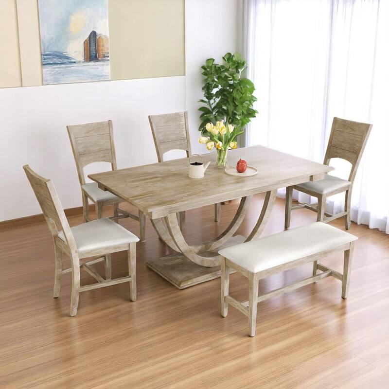 6-Piece Modern Dining Table Set with Bench and 4 Upholstered Chairs, Solid Wood Half-Round Base Kitchen Dining Room Furniture - Natural