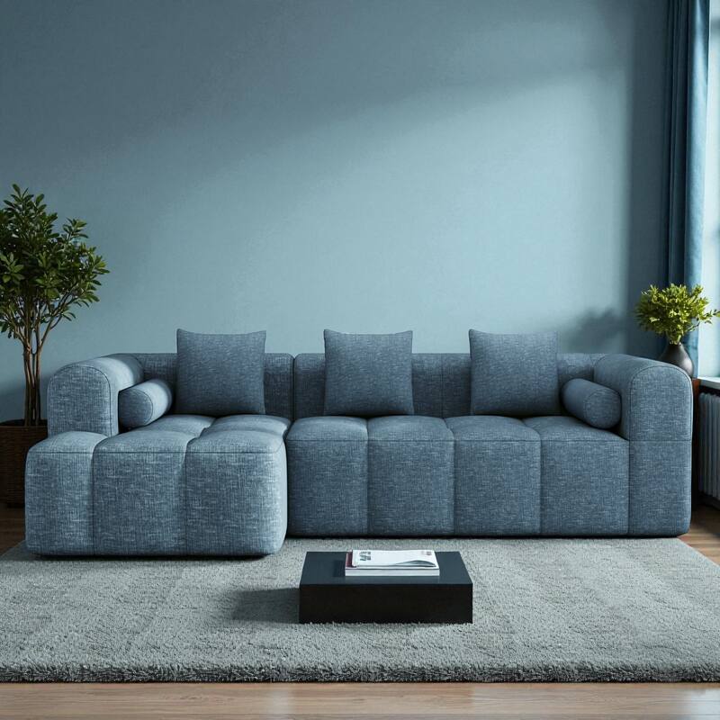 101.2" Modular Sectional Sofa Full-Foam Compressed Couch with Deep Seating Side Pockets Square & Bolster Pillows
