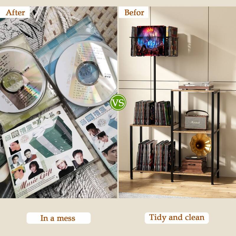 Anmytek Record Player Stand & Table - 6-Tier Rotating Vinyl Storage, Holds 300 Albums, Display Shelf for Bedroom & Living Room