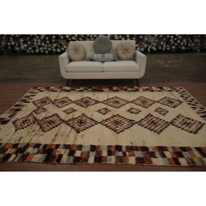 Hand Knotted Oriental 100% Wool Carpet Modern Tribal Beige & Ivories Moroccan Area Rug - 9' 8'' X 6' 8''