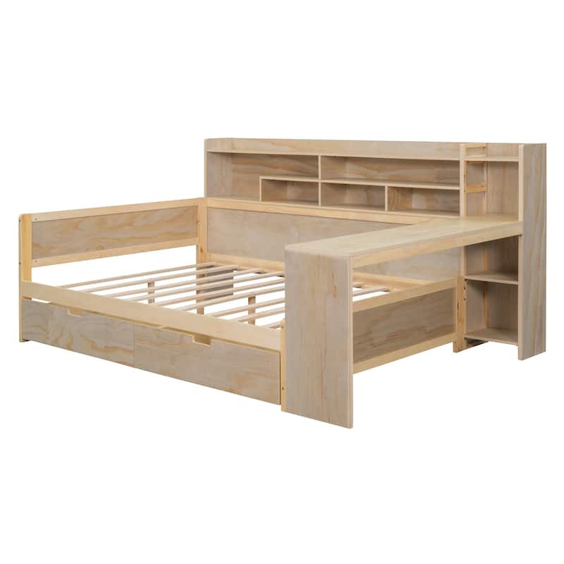 Modern Wooden Multi-functional Daybed with Storage Shelves and Drawers