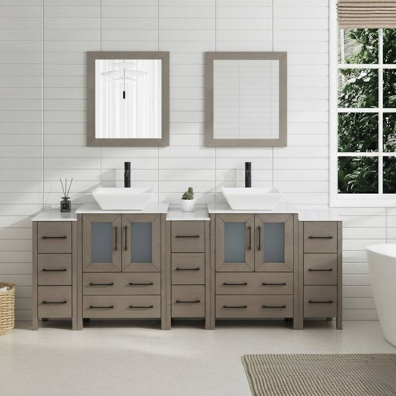 Vanity Art 84-Inch Double Sink Bathroom Vanity Set with Engineered Marble Top and Free Mirror - 84 W X 18.5 D X 31.1 H - Driftwood Gray