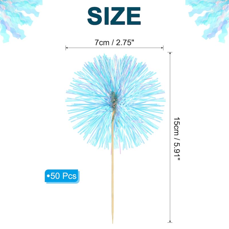 50 Pcs Firework Cupcake Toppers Sparkle Tinsel Picks - Blue
