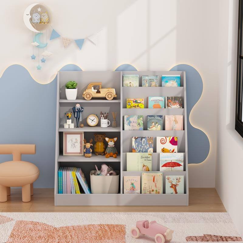 4-Tier Wooden Kids Bookshelf & Toy Organizer with Storage Bin, Modern Display Bookcase for Nursery Playroom - Gray
