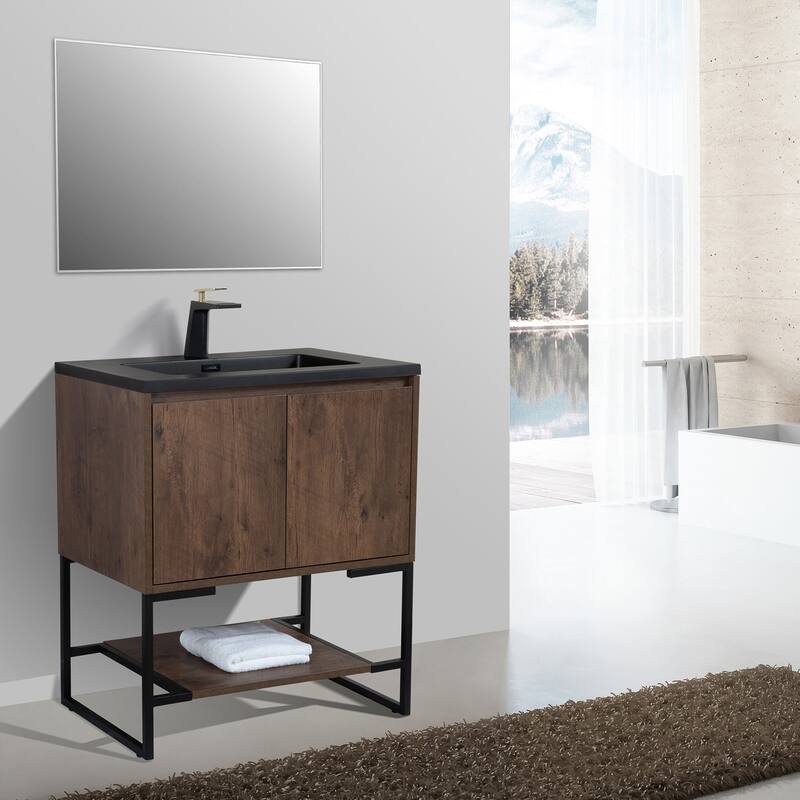 Freestanding Bathroom Vanity Set in Rose Wood with Integrated Solid Surface Sink - 30" x 33" in.