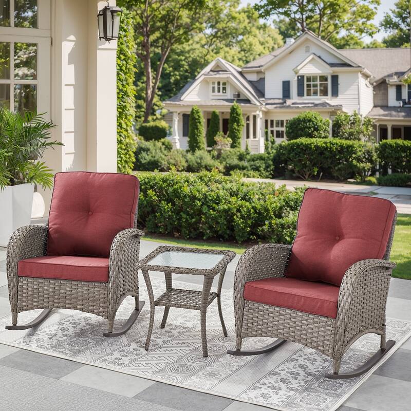 Outdoor Rocking Chair with Side Table Grey-Red - Grey - Grey - Red