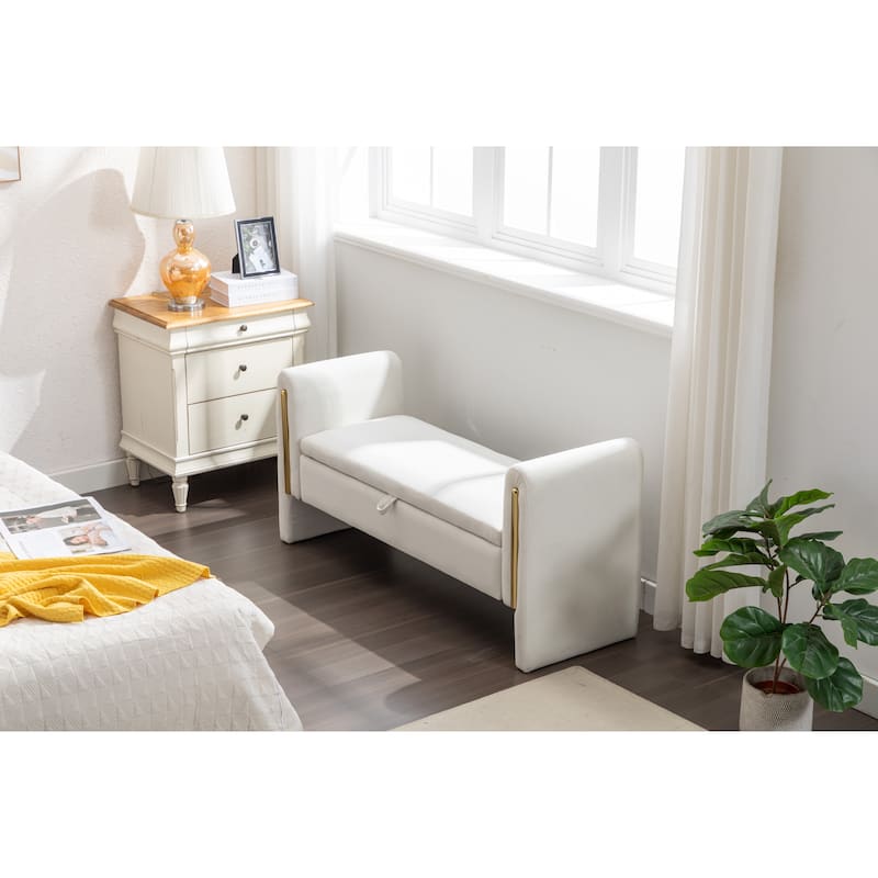 53" Modern Storage Bench with 300lb Seating, Velvet Upholstered Bed Bench with Wood Legs Safety Hinge