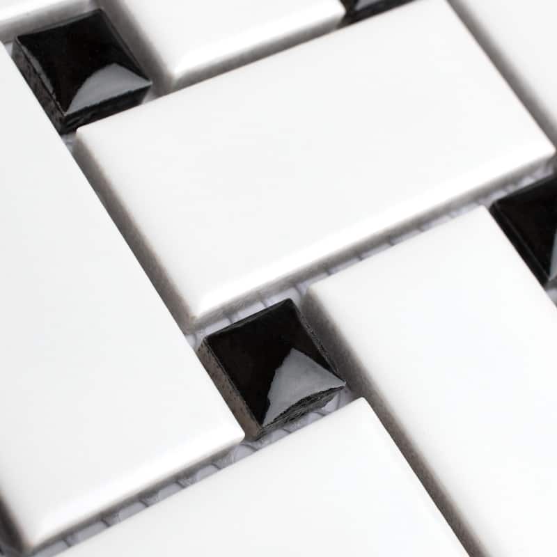 SomerTile Metro Basketweave Matte White with Black Dot 11.75" x 11.75" Porcelain Mosaic Tile