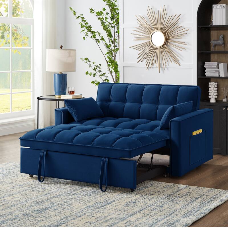 Multi-Function Loveseat Sofa Bed with Pull-Out Mechanism & Built-In Armrest Storage - Navy