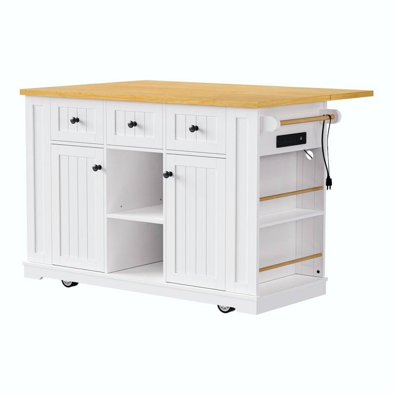53" Rolling Kitchen Island with Drop Leaf, Power Outlet & Internal Door Storage, 5 Open Side Racks