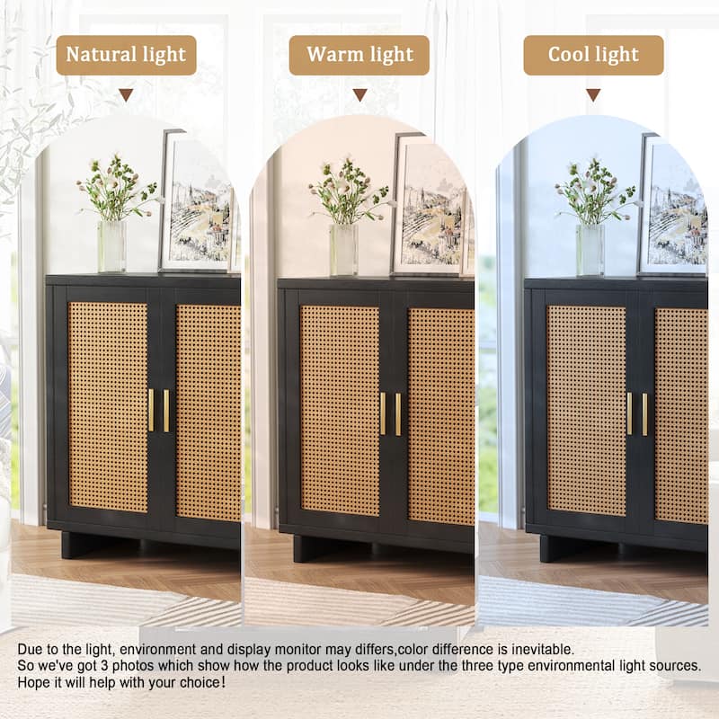 Mid-Century Modern Rattan Sideboard Storage Accent Cabinet with 2 Door