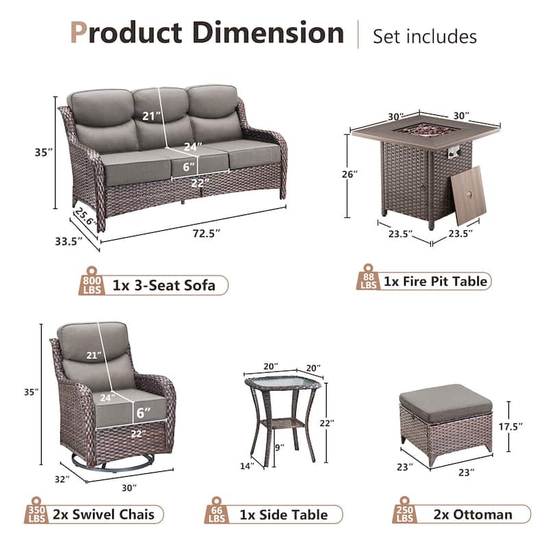 Pocassy Outdoor 6" Sofa Swivel Chair Ottoman with Fire Pit Table