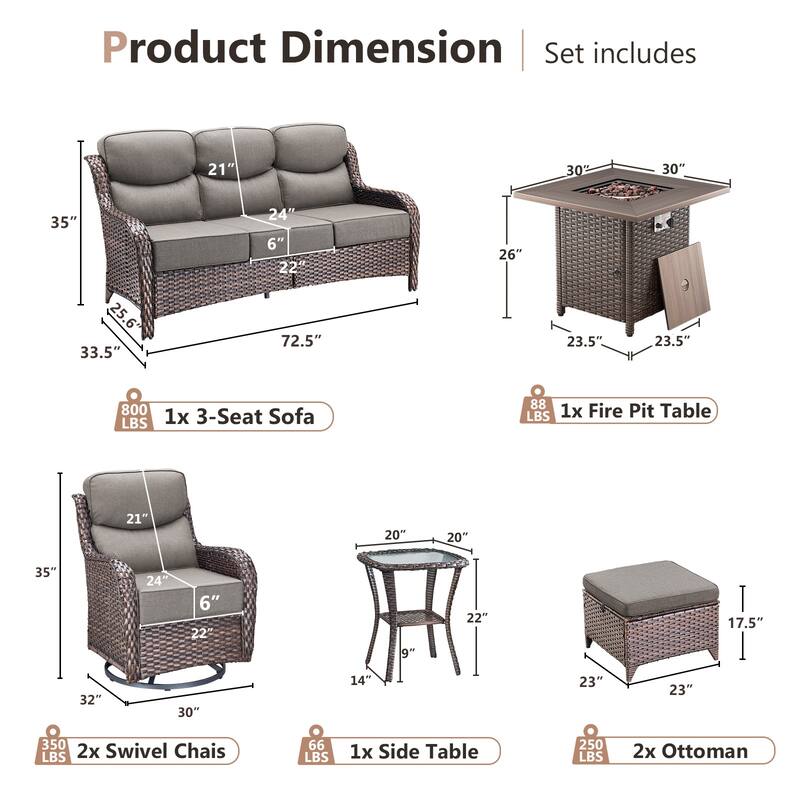 Pocassy Outdoor 6" Sofa Swivel Chairs with Fire Table Funiture